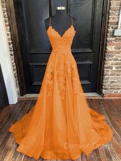 A-Line V-neck Sweep Train Tulle Evening Dresses For Black girls With Appliques Lace V-neck Lace Prom Gown, V-neck Lace Patchwork Dress For Prom, V-neck Lace Bodice Prom Gown, V-neck Gown With Lace Bodice For Party, V-neck Tulle Evening Dress, Lace V-neck Evening Dress For Banquet, Orange Floor-length Prom Dress, V-neck Lace Bodice Dress For Prom, V-neck Tulle Dresses For Evening