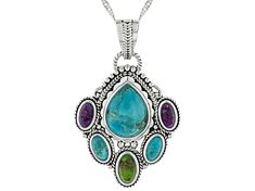 Introducing the stunning Multi-Color Composite Turquoise Sterling Silver Pendant With Chain by Southwest Style by JTV™. This exquisite piece features a mesmerizing combination of composite turquoise in shades of blue, green, and purple elegantly bound together to create a one-of-a-kind design. The pendant showcases pear-shaped and oval turquoise gemstones with varying lengths and widths for an eye-catching appeal.  Crafted from high-quality sterling silver, this pendant measures 1.62 inches in l Elegant Multicolor Turquoise Necklace For Gift, Blue Multi-stone Turquoise Necklace For Jewelry Making, Southwestern Silver Turquoise Teardrop Pendant Necklace, Blue Oval Multi-stone Necklaces, Blue Multi-stone Oval Necklaces, Oval Blue Multi-stone Necklaces, Elegant Multi-stone Turquoise Necklace, Elegant Turquoise Multi-stone Necklace, Elegant Turquoise Multi-stone Necklaces