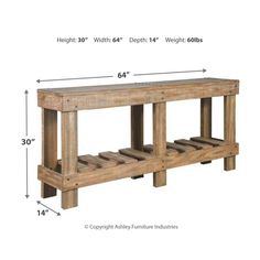 a wooden bench with measurements for the top and bottom shelf on each side, including height