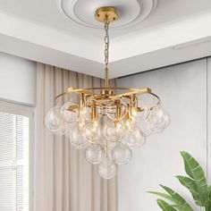 a chandelier hanging from the ceiling in a living room with a potted plant