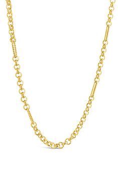 A mix of station links add a heavy-metal finish to layerable chain link necklace. 16" length with 2" extension Lobster clasp closure Silvertone and goldtone plate Imported Everyday Gold-tone Chain Necklace, Gold-tone Double Chain Link Necklace, Modern Gold-tone Delicate Chain Necklace, Gold-tone Delicate Chain Necklace With Rectangular Links, Gold-tone Metal Cable Chain Necklace, Layering Cable Chain Necklace, Gold-tone Solid Link Chain Necklace, Chain Link Necklace, Link Necklace