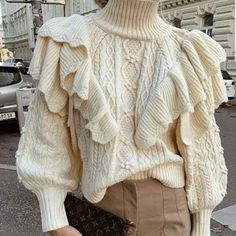 CELESTE sweater – YUMASKY Chic Winter White Sweater For Winter, Cozy Off White Winter Sweater, Cozy Off-white Winter Sweater, Elegant Cream Sweater For Fall, White Elegant Winter Sweater, White Knit Sweater For Layering, Elegant White Winter Sweater, Chic White Knit Top With Ruffles, Off White Knitted Sweater For Winter