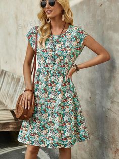 Experience comfort and style with our Women's Floral Summer Midi Dress. The short sleeve style offers versatility for any summer occasion. With a beautiful floral design, this midi dress will make you feel confident and fashionable. Made for the modern woman who values both comfort and style. Color : Multicolor Style : Boho Pattern Type : Floral, All Over Print Type : A Line Sleeve Length : Cap Sleeve Neckline : Round Neck Sleeve Type : Batwing Sleeve Waist Line : High Waist Hem Shaped : Flared Summer Floral Print Mid-length Midi Dress, Short Sleeve Floral Print Midi Dress For Day Out, Floral Print Mid-length Midi Dress For Summer, Casual Floral Midi Dress For Garden Party, Floral Print Knee-length Dress For Day Out, Summer Knee-length Printed Midi Dress, Printed Knee-length Summer Midi Dress, Summer Knee-length Floral Dress, Summer Multicolor Short Sleeve Midi Dress