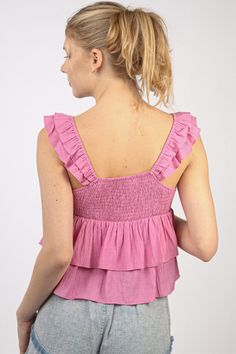 Blouse features a princess neckline, ruffled straps, front tie, tiered bodice and babydoll silhouette. 95% Cotton 5% Spandex Machine wash cold. Model is 5'10" and wearing a Small. Girls Accesories, Plus Jumpsuit, Layered Blouse, Skirt Jumpsuit, Maternity Shops, Plus Dresses, A Princess, Girl Top, Blouse Top