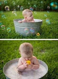 two pictures of a baby in a tub with soap bubbles floating over it and the caption says, we know how to do that