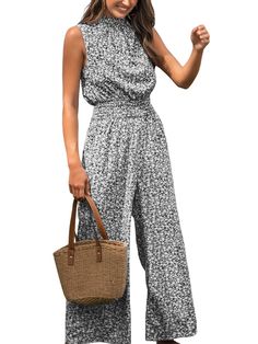 PRICES MAY VARY. [Unique Design]: The Ditsy Floral Smocked Mock Neck Jumpsuit, a playful and trendy outfit that combines the charm of ditsy florals with the comfort of a jumpsuit, featuring a flattering smocked bodice and a chic mock neck, making it the perfect choice for those seeking fashion-forward versatility. [Premium Fabric]: The jumpsuit is made of 100% Polyester so that it is cozy and soft with slight elasticity [Multi Occasional & Gifting]: This jumpsuit is Perfect for Graduation, Beach Coastal Chic Attire, Formal Cruise Outfits For Women, Country Club Casual Attire Women, Womens Cruise Outfits, Resort Casual Attire Women, Resort Wear For Women Classy, Airport Outfit Classy, Cute Travel Outfits, Club Attire