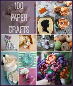 there are many different pictures with flowers and paper crafts on the top one is purple