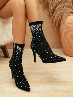 Lasaky – Chic Rhinestone-embellished Womens Ankle Boots with Pointed Toe and Stiletto Heel – Lasaky Fashion Boutique Chic Ankle-high Rhinestone Heels, Chic Ankle-high Heels With Rhinestones, Ankle-high Embellished Heels For Night Out, Embellished Ankle-high Heels For Night Out, High Heel Winter Boots With Rhinestones, Embellished Ankle-high Heels, Rhinestone Heels For Formal Fall Events, Glamorous Embellished Ankle Boot Heels, Chic Embellished Ankle-high Heels