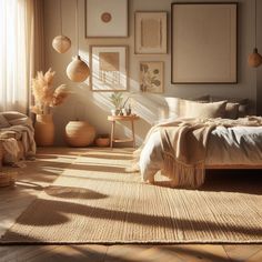 a bedroom with lots of natural light coming in from the window and decor on the wall