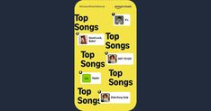 a cell phone with the words top songs written in black and yellow on it's screen