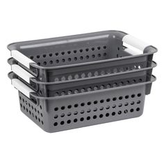 three plastic baskets with handles and holes on the sides, one is grey and the other is white