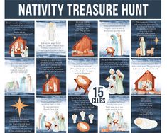 the nativity treasure hunt poster is shown with instructions for how to decorate it and what to put in them