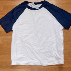 ~H&M Divided Baby Tee ~Slightly Cropped ~White With Navy Sleeves And Collar ~Never Worn Baby Tee, Infant Tees, Divider, Blue White, H&m, Color Blue, Blue And White, Womens Tops, Tops & Tees