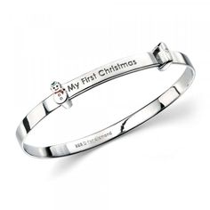 This adorable highly polished sterling silver bangle bracelet features a little snowman and set with a diamond, it is designed for baby boys and girls, and engraved with the words 'My first Christmas'. The bangle size is adjustable up to 6 inches for a just right fit. Personalizing by laser engraving. #baby adjustable bangle #baby girl bangle #baby boy bangle #boy adjustable bangle #girls adjustable bangle #baby bangle Christmas Girls, Bracelets With Meaning, Boys Jewelry, My First Christmas, Silver Bangle Bracelet, Sterling Silver Bangle Bracelets, Sterling Silver Bangle, Girl Jewelry, Adjustable Bangle