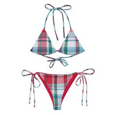 Cherry Blossom Plaid String Bikini Set | Swimwear | BOHIQ Red Nylon Swimwear For Spring, Adjustable Swimwear For Spring, Trendy Adjustable Straps Swimwear, Trendy Strappy Swimwear With Adjustable Straps, Spring Beachwear Swimwear With Straps, Spring Swimwear With Tie-side Bottom And Straps, Red Triangle Top Swimwear With Straps, Red Nylon Swimwear With Adjustable Straps, Spring Tie-side Bottom Swimwear With Straps