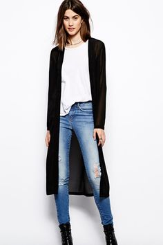 The Expensive-Taste Guide To ASOS Long Cardigan Outfit, Long Black Sweater, Long Black Cardigan, Sheer Kimono, Black Cardigan Sweater, Cardigan Outfits, Mode Inspiration, Fall Winter Outfits, Long Black