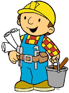 a man in overalls holding a bucket and tools