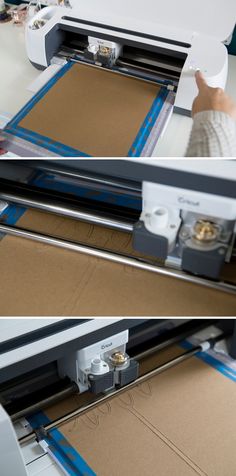 two images show the process of cutting cardboard with a large machine and tape on it