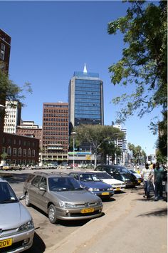 several cars parked on the side of a road in front of tall buildings and trees