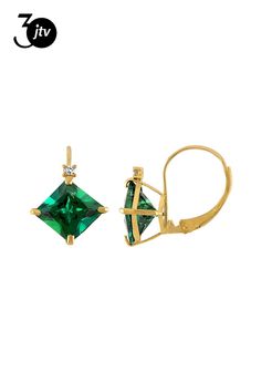 10K Yellow Gold Lab Created Emerald and Diamond Princess Leverback Earrings 2.40ctw Diamond Princess, Lab Created Emerald, Leverback Earrings, Princess Diamond, Emerald, Lab, Yellow Gold, Yellow, Gold