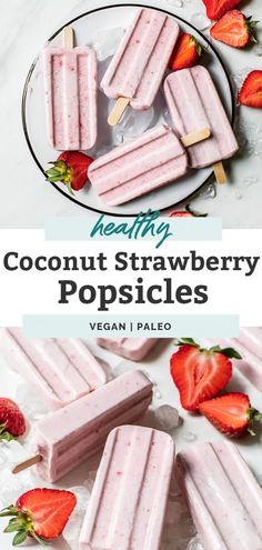 strawberry ice cream popsicles on a plate with strawberries in the background and text overlay