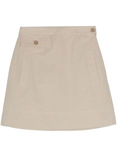 taupe beige cotton blend tonal stitching A-line high waist faux flap-pocket detail to the waistline two side welt pockets above-knee length full lining straight hem side button and zip fastening Fitted A-line Mini Skirt With Pockets, Short Skort With Pockets For Workwear, Beige Skort With Pockets For Work, Chic Skirt With Patch Pockets For Spring, Cotton Mini Cargo Skirt For Work, Beige Mini Bottoms With Pockets, Workwear Cargo Skirt With Pockets And Short Length, Chic Cotton Skort With Button Closure, Cotton Mini Skort For Workwear