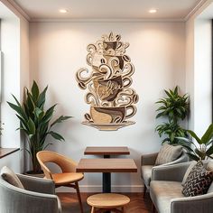 a living room with couches, chairs and a coffee cup wall hanging on the wall