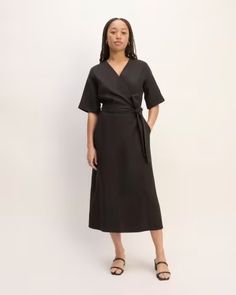 The Linen Short-Sleeve Wrap Dress Black – Everlane Formal Short Sleeve Belted Dress For Spring, Formal Short Sleeve Belted Dress For Summer, Formal Summer Belted Dress With Short Sleeves, Summer Formal Belted Dress With Short Sleeves, Short Sleeve Belted Dress For Work, Chic Belted Linen Dress For Work, Elegant Short-sleeved Wrap Dress With Tie Waist, Elegant Short Sleeve Belted Dress With Tie Waist, Elegant Short Sleeve Linen Dress For Work