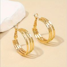 Brand New Women's Triple Wire Gold Hoop Earrings Genuine 14k Gold Plated Sterling Silver 1.1" Size Retail Price $300 Buy With Confidence From A Trusted Seller With A 99%+ Feedback Rating! A0194 (Id-1127-) Yellow Gold Round Hoop Earrings For Party, Yellow Gold Hoop Earrings For Party, Gold Clip-on Wrap Earrings, Yellow Gold Metal Hoop Earrings For Parties, Yellow Gold Small Hoop Clip-on Earrings, Gold Clip-on Hoop Earrings For Party, Gold Plated Clip-on Hoop Earrings, Gold-tone Clip-on Hoop Jewelry, Gold-tone Hoop Earrings For Anniversary