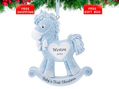 personalized rocking horse ornament for baby's first christmas