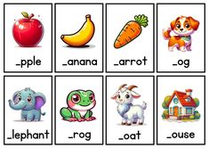 four different words with pictures of animals and fruits on them, including an apple, banana, carrot, elephant, frog, mouse