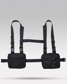 a black belted waist bag with two suspenders attached to the front and back