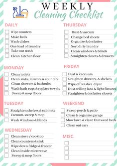 the weekly cleaning checklist is shown in pink and green