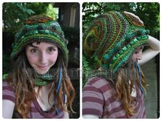 two pictures of a woman wearing a green hat