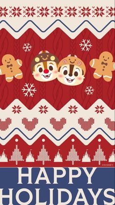 a happy holiday card with three cartoon animals on a red and white knitted background