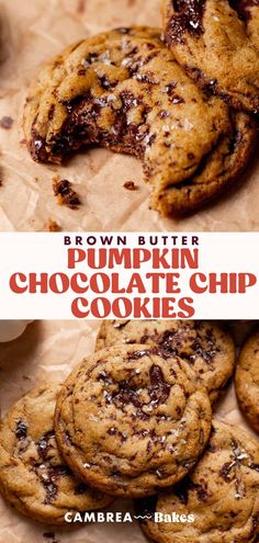 brown butter pumpkin chocolate chip cookies are stacked on top of each other with the title above it