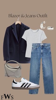 Jeans Blazer Outfit, Looks Adidas, Samba Outfit, Blazer Jeans, Mode Casual, Fashion Capsule, Pants Suit