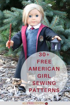 an american girl doll wearing a school uniform and holding a lamp in her hand with the words 30 free american girl sewing patterns