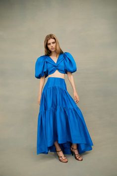 Reverb Gathered Midi Skirt | Cobalt Blue | Aje Aje Dress, Blazer Pattern, Tiered Midi Skirt, Puff Sleeve Crop Top, Full Length Skirts, Fall 2022, Cropped Style, Linen Women, Pre Fall