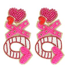 These charming XOXO Jeweled Beaded Valentine Letter Earrings feature an intricate beadwork design. Each earring is crafted with durable, lightweight material for a comfortable all-day wear. Perfect for special occasions, the earrings come in a festive red and pink color palette. HEIGHT: 2.85" WIDTH: 1.5" Ships with love from our warehouse in Smithfield, VA Valentine Letter, Valentines Letter, Pink Color Palette, Beadwork Designs, Valentines Earrings, Letter Earrings, Color Palette Pink, Drop Design, Long Drop Earrings