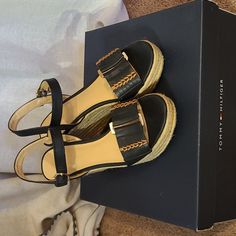 Practically Brand New Tommy Hilfiger Idella Wedge Sandals.... Worn Once! Size 6.5 But Fits More Like A 7.5. Perfect For Spring! Hilfiger Shoes, Tommy Hilfiger Shoes, Womens Shoes Wedges, Wedge Sandals, Black And Brown, Tommy Hilfiger, Wedges, Size 6, Women Shoes