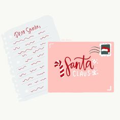 a pink santa claus envelope with the word santa claus written in red ink on it