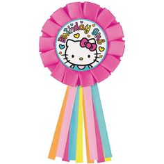 a hello kitty rosette award ribbon with the name happy birthday written on it in pink, yellow, and blue