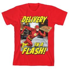 The Flash fans are sure to love this youth red graphic tee! The “Delivery in a Flash” tee features a big, colorful graphic that has been professionally printed to ensure long-lasting print quality. The Flash fan apparel is classic red, and has short sleeves for comfort and style in any weather. The superhero character apparel is made of 100percent preshrunk cotton jersey. It can be machine washed in cold water with like colors, then tumble dried for easy care. As an officially licensed product, Red Cotton T-shirt For Fan Conventions, Red Graphic Print T-shirt For Fan Conventions, University Red Graphic Print T-shirt, Red Crew Neck T-shirt With Character Print, Red Cotton Pop Culture T-shirt, Red Pop Culture Tops For Fan Conventions, Red Pre-shrunk T-shirt For Fan Conventions, Red Band Merch T-shirt Pre-shrunk, Red Pre-shrunk Band Merch T-shirt