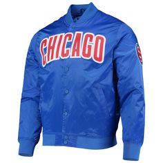 As comfortable as it is fashionable, the sleek satin of this Wordmark jacket will take your cold weather options up a notch. Crafted by Pro Standard with a classic bomber design, this full-snap jacket is the perfect outer layer. It features bold Chicago Cubs graphics on the chest and arms to ensure your fandom stays in the spotlight. Brand: Pro Standard Embroidered fabric applique Embroidered graphics with raised details Full-snap front Heat-sealed twill applique Imported Locker loop Long sleeve Fitted Outerwear With Button Closure For College, Winter Nylon Varsity Jacket With Long Sleeves, Winter Long Sleeve Nylon Varsity Jacket, Urban Fitted Outerwear With Button Closure, Winter Streetwear Windbreaker With Button Closure, Casual Nylon Outerwear With Button Closure, Fitted Button-up Outerwear With Ribbed Cuffs, Sporty Snap Button Outerwear For Fall, Sporty Fall Outerwear With Snap Buttons