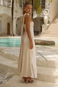 Luxury Cream Maxi Dress For Vacation, Luxury Maxi Length Dresses, Luxury Maxi Dress With Overlay, Luxury Chic Maxi Dress With Folds, Luxury Summer Maxi Dress With Folds, Luxury Chic Maxi Dress With Adjustable Straps, Luxury Sleeveless Belted Maxi Dress, Luxury Sleeveless Viscose Maxi Dress, Luxury Flowy Maxi Length Maxi Dress