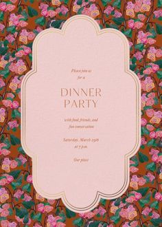 a dinner party with pink flowers and green leaves on the background is an ornate frame