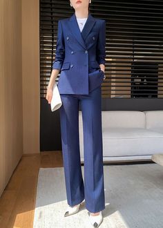 Vivian Seven Pantsuit Blue Tailored Pants Outfit, Women’s Pant Suit Outfit Formal, Blazer And Pants Set Women, Blue Suit Women Outfit, Women’s Suits, Double Breasted Suit Women, Double Breasted Blazer Outfit Women, Tailored Suit Women, Blue Suit Women