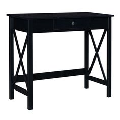 a black desk with a drawer on the bottom and one drawer at the top that is open