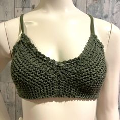 Super Cute Bikini Top Is A Crochet Top In An Olive/Army Green. Lined Large 100% Polyester Top And Lining Cups 7.5” Tall Cups 7” Wide Band From Cup To Cup 12” Removable Pads Excellent New Condition Beach Camisole Crop Top With Built-in Bra, Fitted Beach Camisole With Straps, Fitted Beach Camisole, Beach Halter Neck Camisole With Adjustable Straps, Beach Crop Top Camisole With Built-in Bra, Beach Halter Neck Camisole, Halter Neck Camisole For Beach With Straps, Camisole Crop Top With Built-in Bra For Beach, Halter Neck Camisole With Straps For The Beach